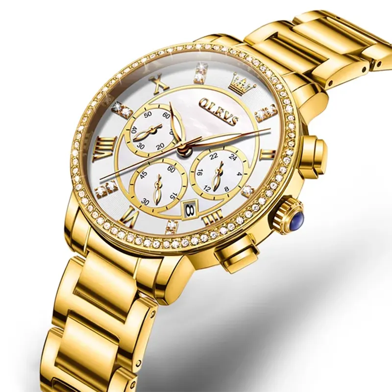 Olevs Chronograph White Dial Gold-tone Ladies Watch- 9976
